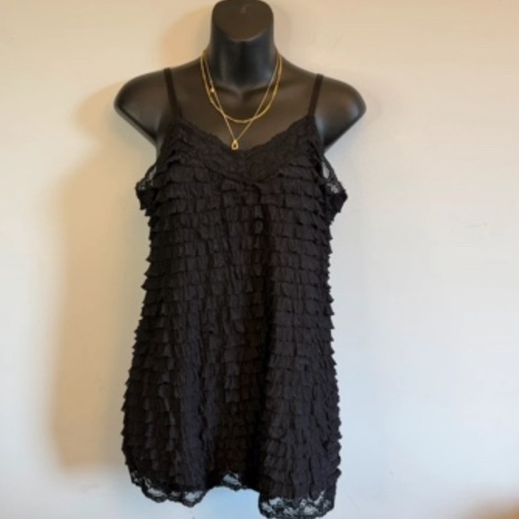 Tops - Black Ruffled Lace Trim Cami Top